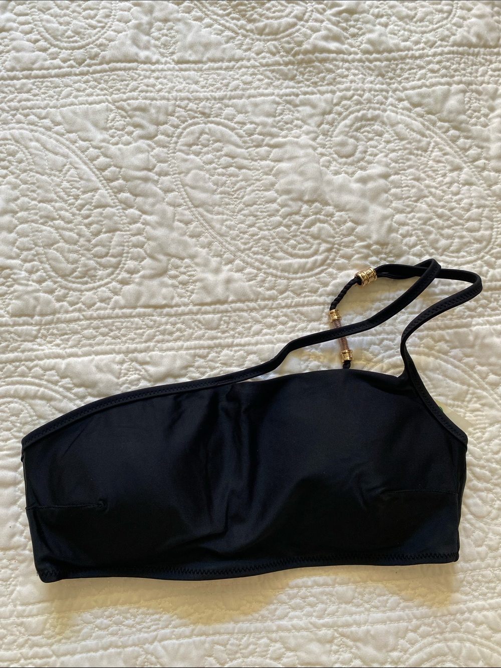 aerie Black One-Shoulder Bandeau Top with Gold Accents